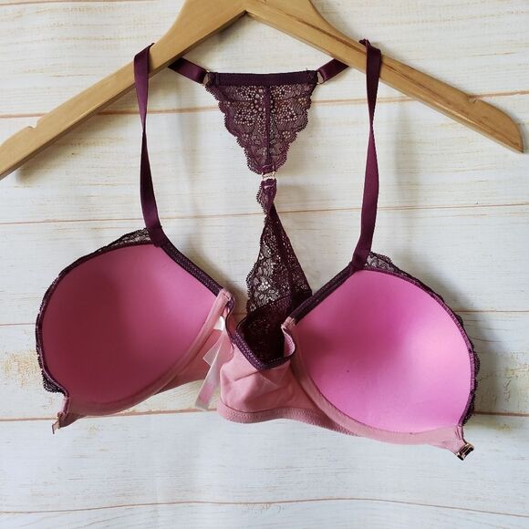 PINK Victoria's Secret Date Push-Up Lace Bra Women's Size 34D Pink Burgundy - Picture 10 of 15